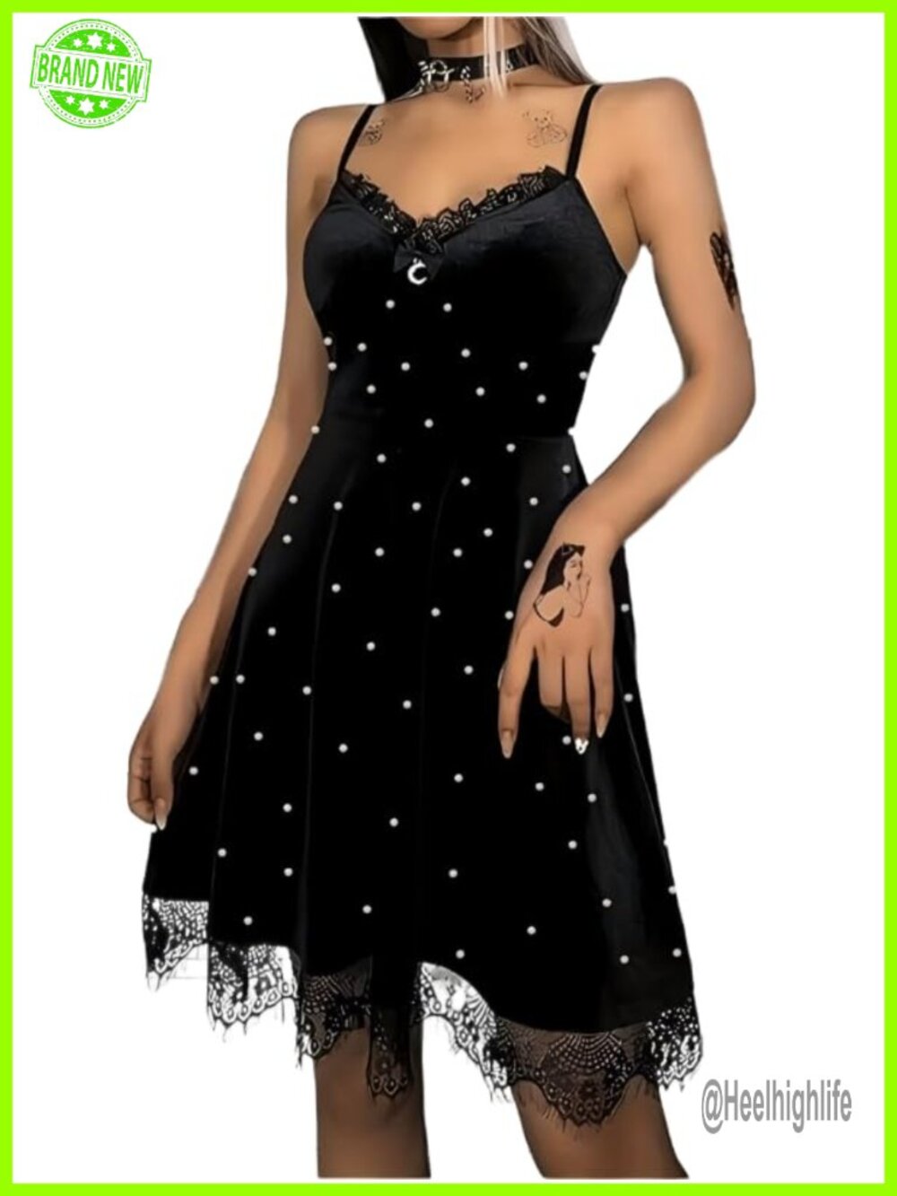 Velvet Mini Dress Pearl Embellishments Lace Trim Spaghetti Straps A-Line Gothic